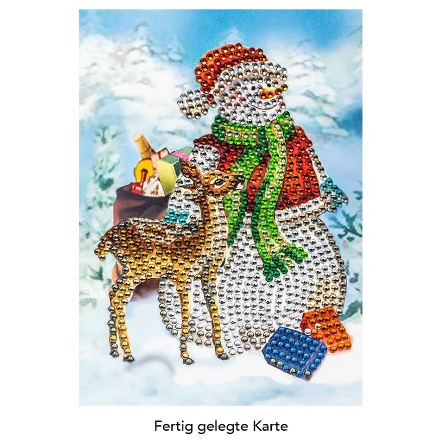 Diamond-Painting-Grußkarte, Strass, Schneemann mit Rehkitz, 11,5cm x 16,5cm, inkl. Zubehör