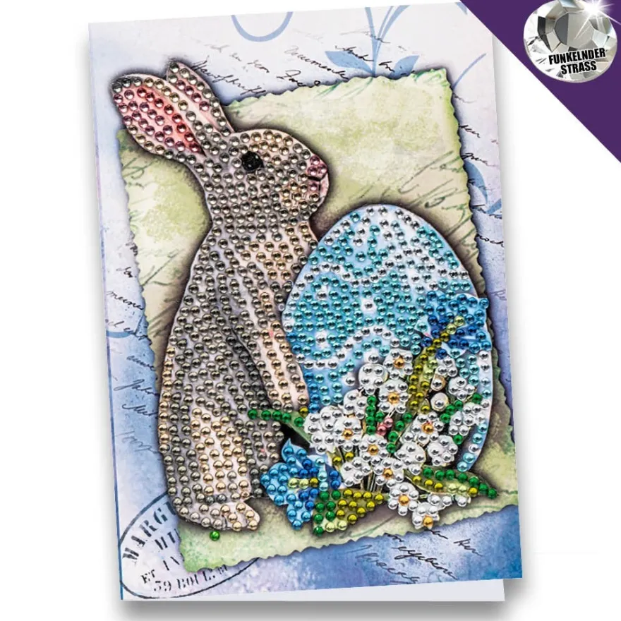 Diamond-Painting-Grußkarte, Strass, Kaninchen mit Osterei, 11,5cm x 16,5cm, inkl. Zubehör