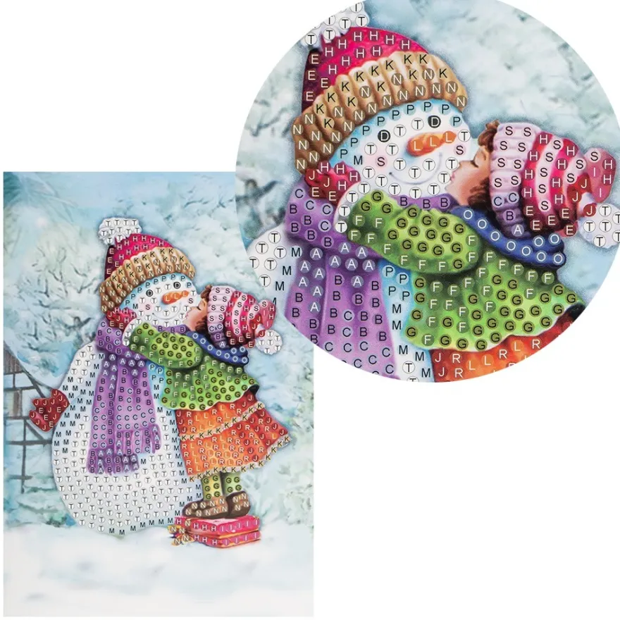 Diamond-Painting-Grußkarte, Strass, Schneemann mit Kind, 11,5cm x 16,5cm, inkl. Zubehör