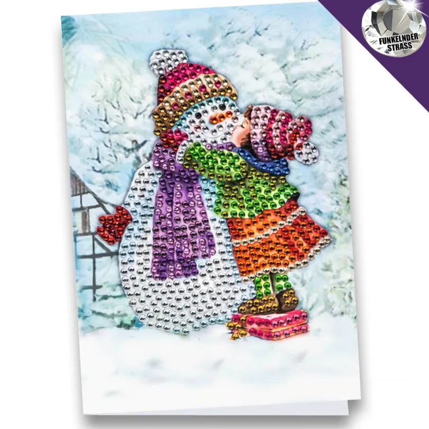 Diamond-Painting-Grußkarte, Strass, Schneemann mit Kind, 11,5cm x 16,5cm, inkl. Zubehör