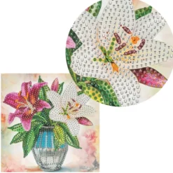 Diamond-Painting-Grußkarte, Strass, Lilien in Vase, 16cm x 16cm, inkl. Zubehör
