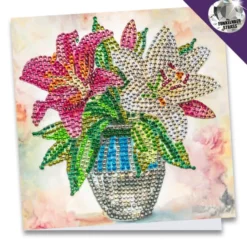 Diamond-Painting-Grußkarte, Strass, Lilien in Vase, 16cm x 16cm, inkl. Zubehör