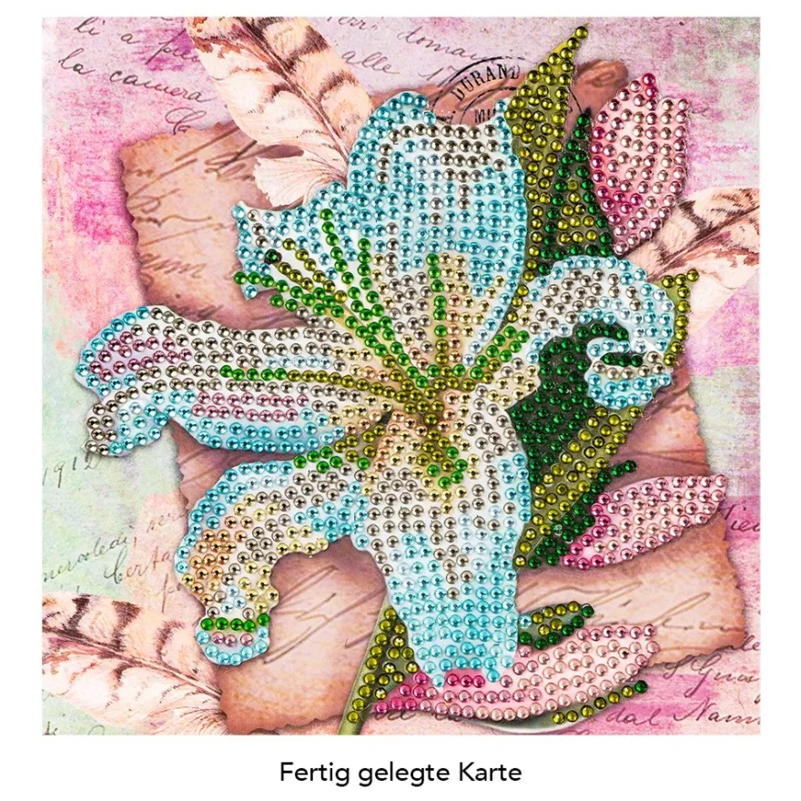 Diamond-Painting-Grußkarte, Strass, Weiße Lilie und Federn, 16cm x 16cm, inkl. Zubehör