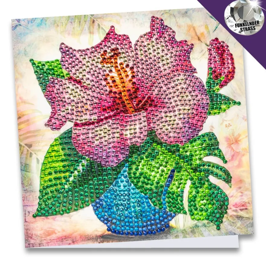 Diamond-Painting-Grußkarte, Strass, Hibiskus in Vase, 16cm x 16cm, inkl. Zubehör