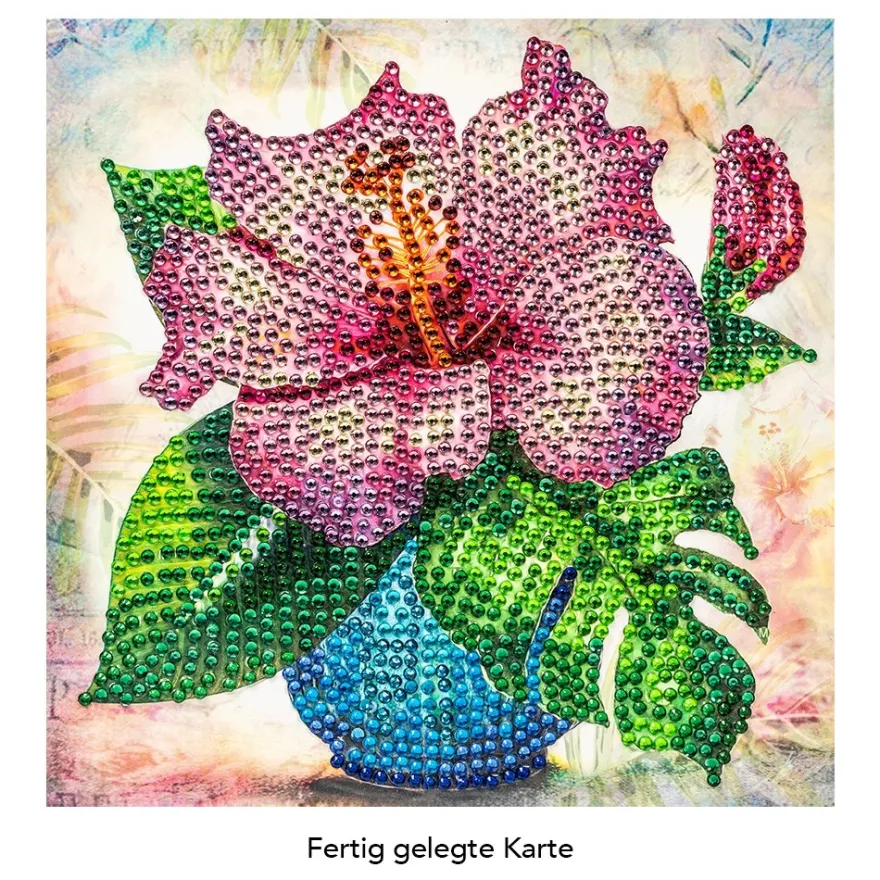 Diamond-Painting-Grußkarte, Strass, Hibiskus in Vase, 16cm x 16cm, inkl. Zubehör