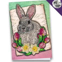 Diamond-Painting-Grußkarte, Strass, Hase mit Tulpen & Narzissen, 11,5cm x 16,5cm, inkl. Zubehör