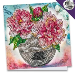 Diamond-Painting-Grußkarte, Strass, Pfingstrosen in Vase, 16cm x 16cm, inkl. Zubehör