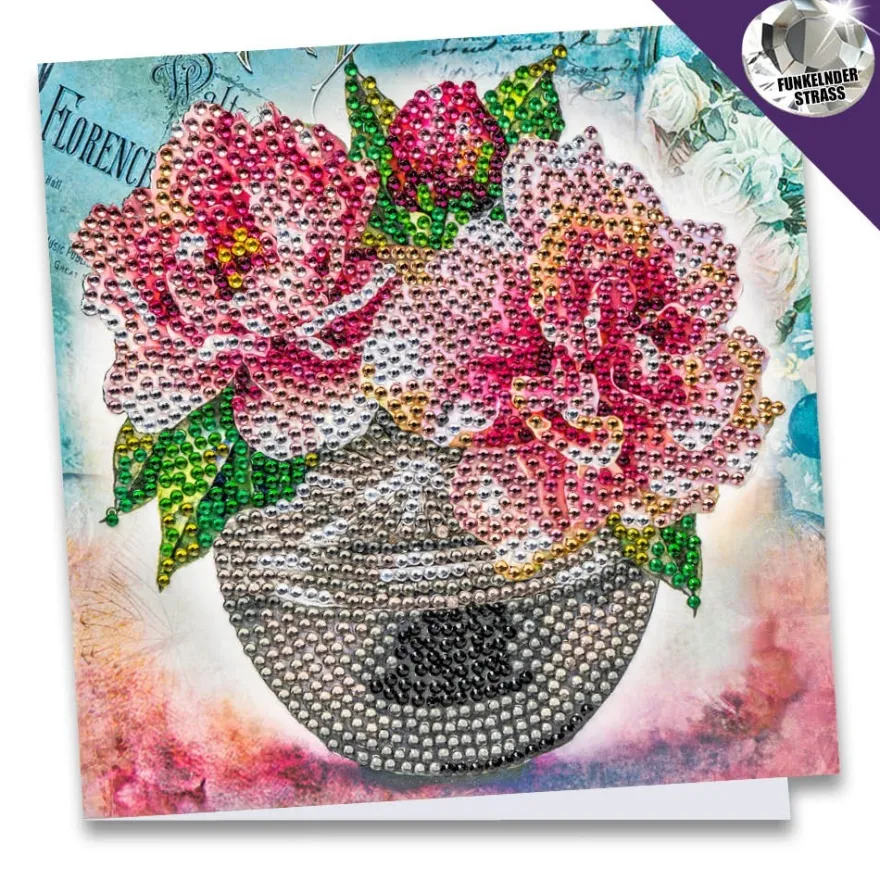 Diamond-Painting-Grußkarte, Strass, Pfingstrosen in Vase, 16cm x 16cm, inkl. Zubehör