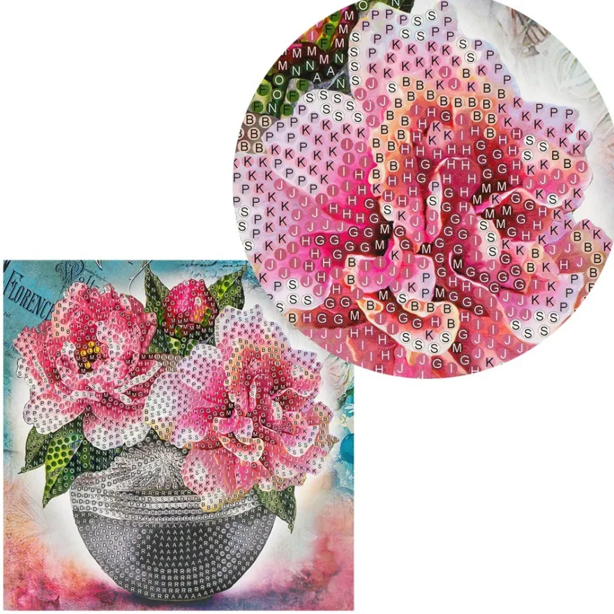 Diamond-Painting-Grußkarte, Strass, Pfingstrosen in Vase, 16cm x 16cm, inkl. Zubehör
