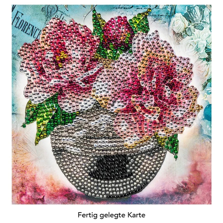 Diamond-Painting-Grußkarte, Strass, Pfingstrosen in Vase, 16cm x 16cm, inkl. Zubehör