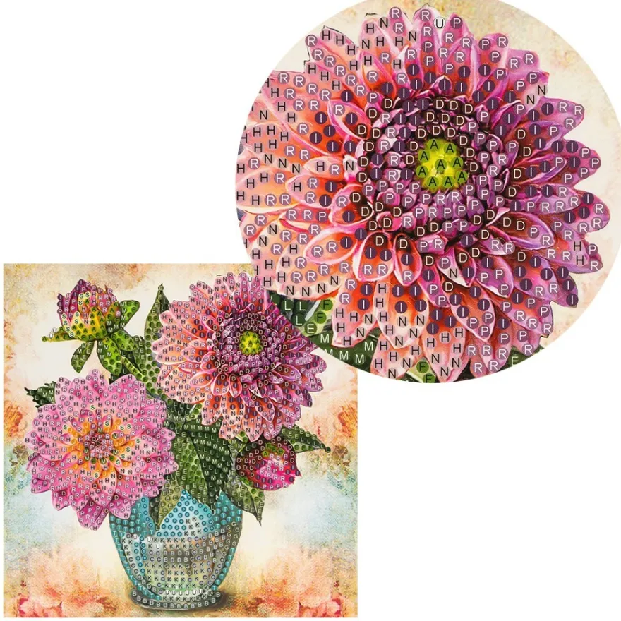 Diamond-Painting-Grußkarte, Strass, Dahlien in Vase, 16cm x 16cm, inkl. Zubehör