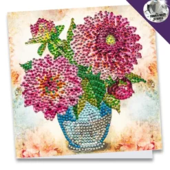 Diamond-Painting-Grußkarte, Strass, Dahlien in Vase, 16cm x 16cm, inkl. Zubehör