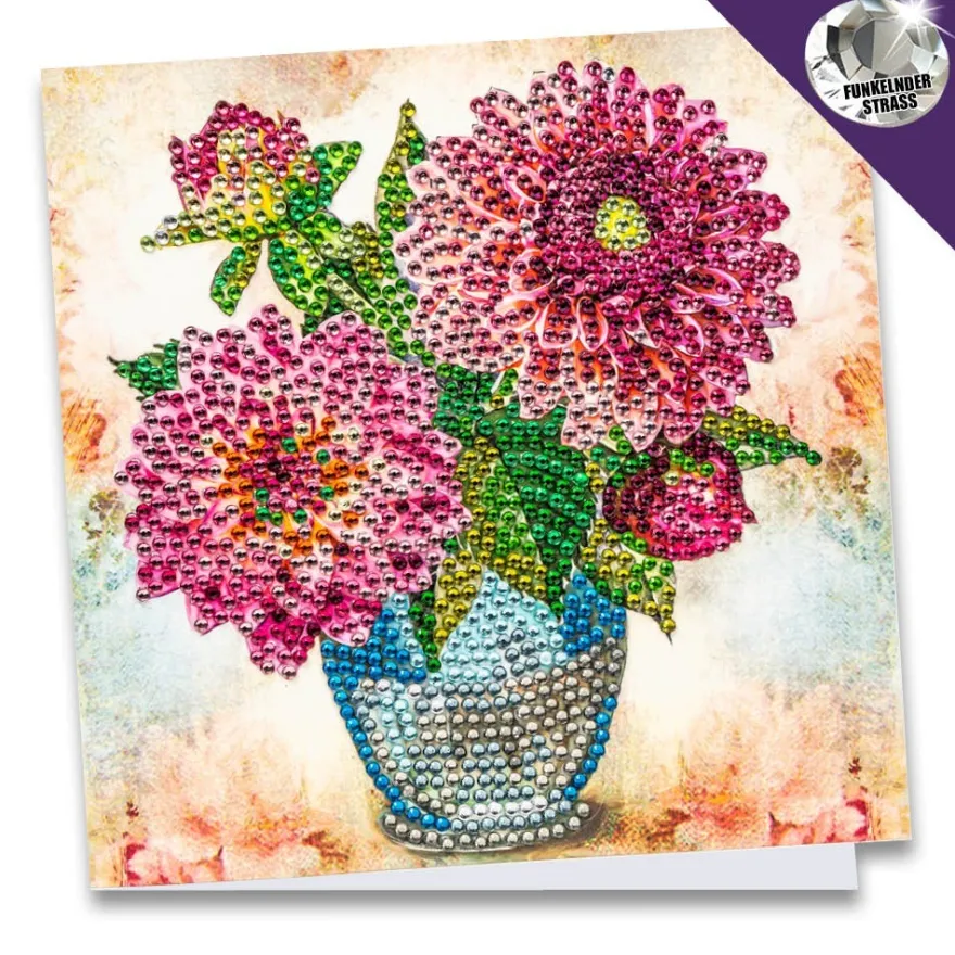 Diamond-Painting-Grußkarte, Strass, Dahlien in Vase, 16cm x 16cm, inkl. Zubehör