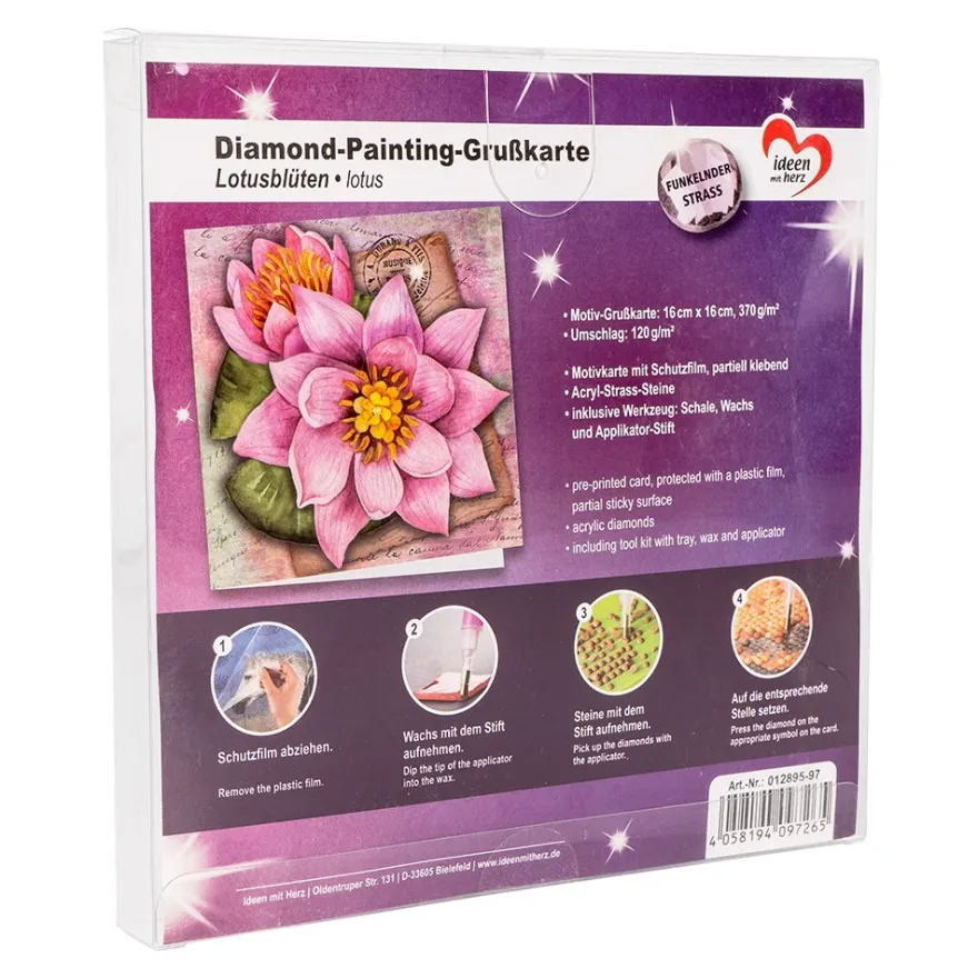 Diamond-Painting-Grußkarte, Strass, Lotusblüten, 16cm x 16cm, inkl. Zubehör