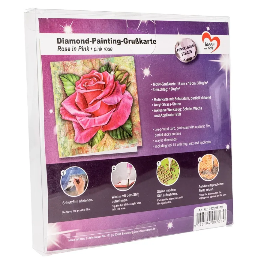Diamond-Painting-Grußkarte, Strass, Rose in Pink, 16cm x 16cm, inkl. Zubehör
