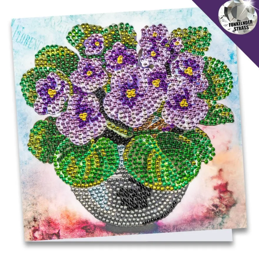 Diamond-Painting-Grußkarte, Strass, Veilchen in Vase, 16cm x 16cm, inkl. Zubehör