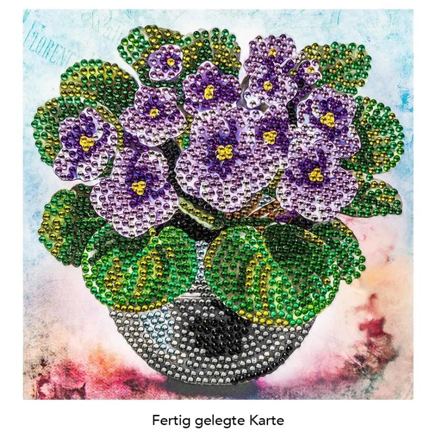 Diamond-Painting-Grußkarte, Strass, Veilchen in Vase, 16cm x 16cm, inkl. Zubehör