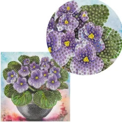 Diamond-Painting-Grußkarte, Strass, Veilchen in Vase, 16cm x 16cm, inkl. Zubehör