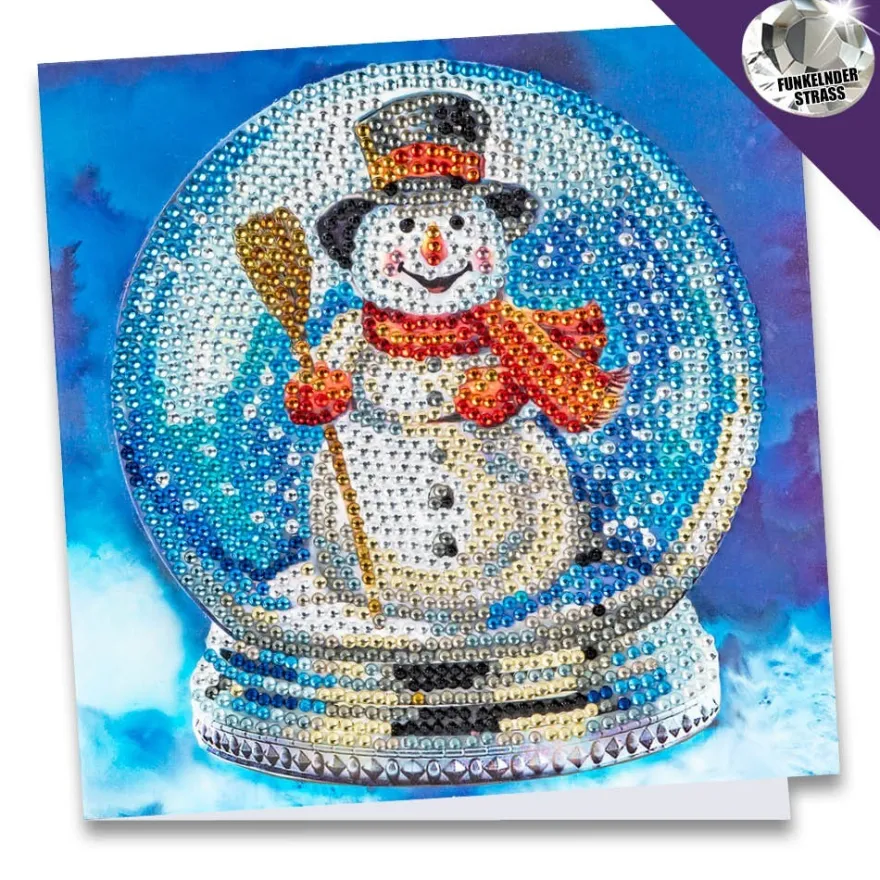 Diamond-Painting-Grußkarte, Strass, Schneekugel mit Schneemann, 16cm x 16cm, inkl. Zubehör