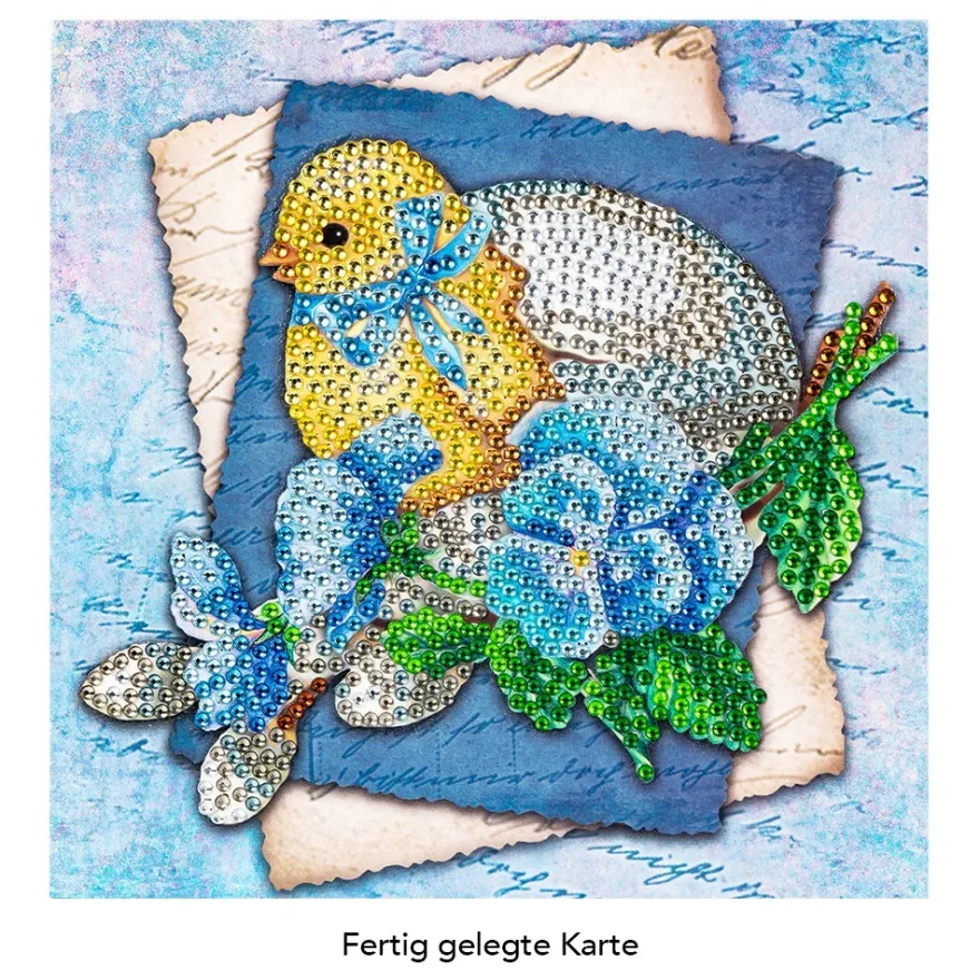 Diamond-Painting-Grußkarte, Strass, Küken mit Ei und blauen Blüten, 16cm x 16cm, inkl. Zubehör