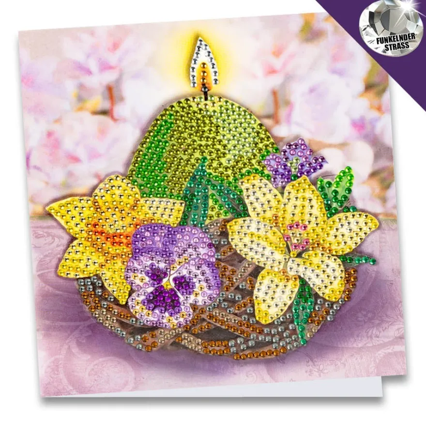 Diamond-Painting-Grußkarte, Strass, Kerze im Nest mit Blüten, 16cm x 16cm, inkl. Zubehör
