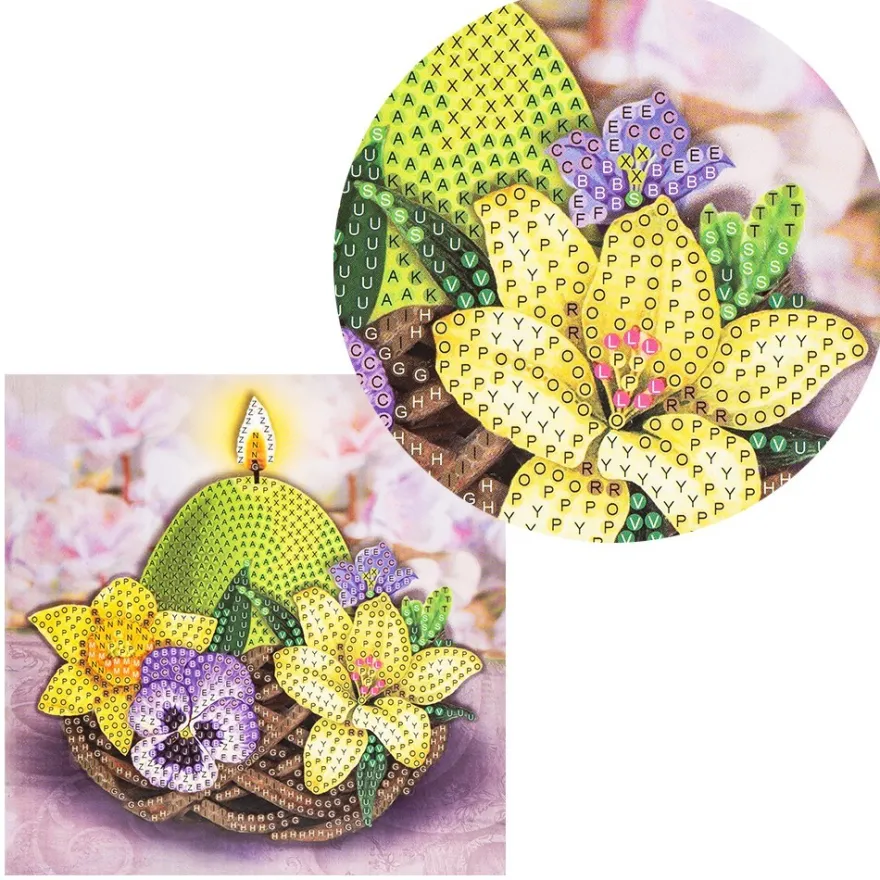 Diamond-Painting-Grußkarte, Strass, Kerze im Nest mit Blüten, 16cm x 16cm, inkl. Zubehör