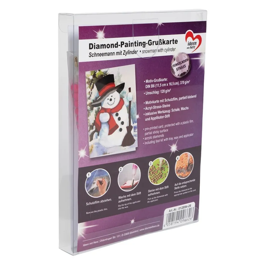 Diamond-Painting-Grußkarte, Strass, Schneemann mit Zylinder, 11,5cm x 16,5cm, inkl. Zubehör