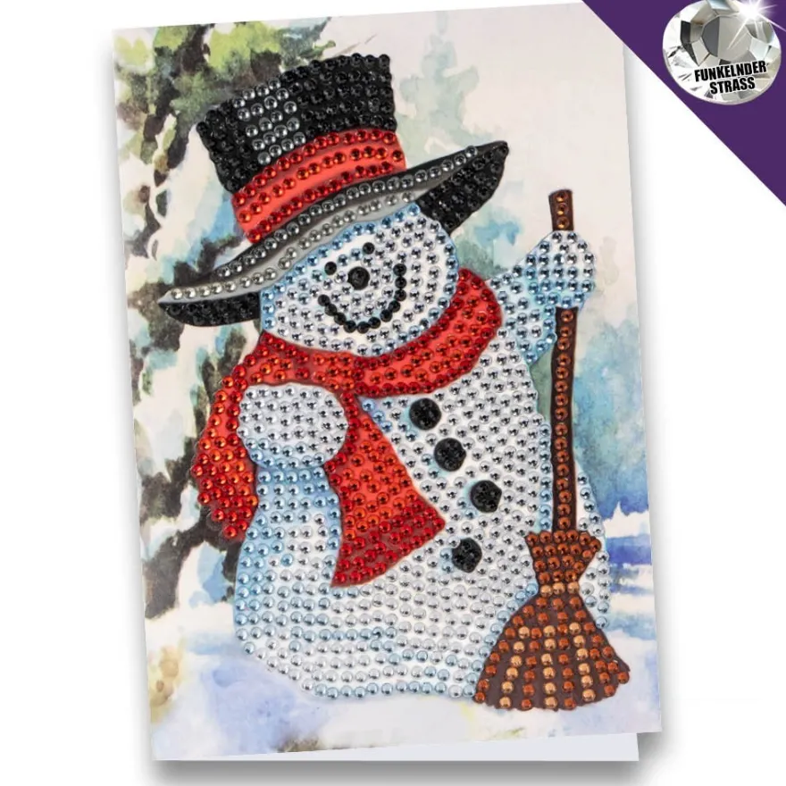 Diamond-Painting-Grußkarte, Strass, Schneemann mit Zylinder, 11,5cm x 16,5cm, inkl. Zubehör