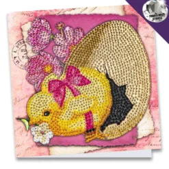 Diamond-Painting-Grußkarte, Strass, Küken mit Ei & fuchsiafarbenen Blüten, 16cm x 16cm, inkl Zubehör