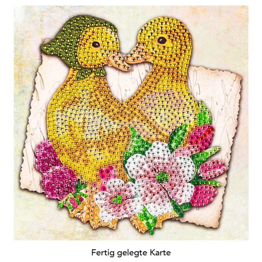 Diamond-Painting-Grußkarte, Strass, Entenküken mit rosafarbenen Blüten, 16cm x 16cm, inkl. Zubehör