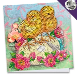 Diamond-Painting-Grußkarte, Strass, Küken mit pinkfarbenen Blüten, 16cm x 16cm, inkl. Zubehör