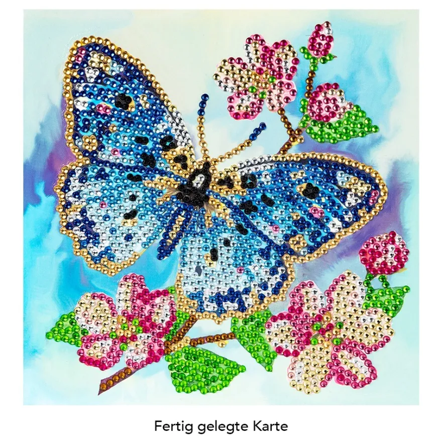 Diamond-Painting-Grußkarte, Strass, Blauer Schmetterling mit Blüten, 16cm x 16cm, inkl. Zubehör