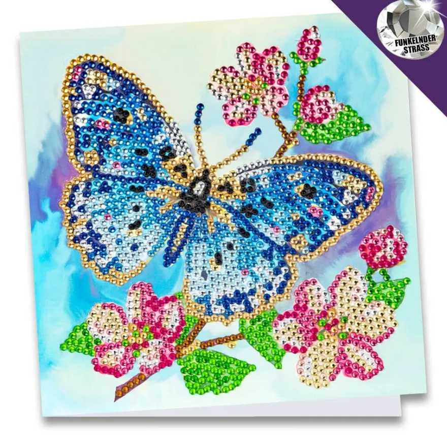 Diamond-Painting-Grußkarte, Strass, Blauer Schmetterling mit Blüten, 16cm x 16cm, inkl. Zubehör