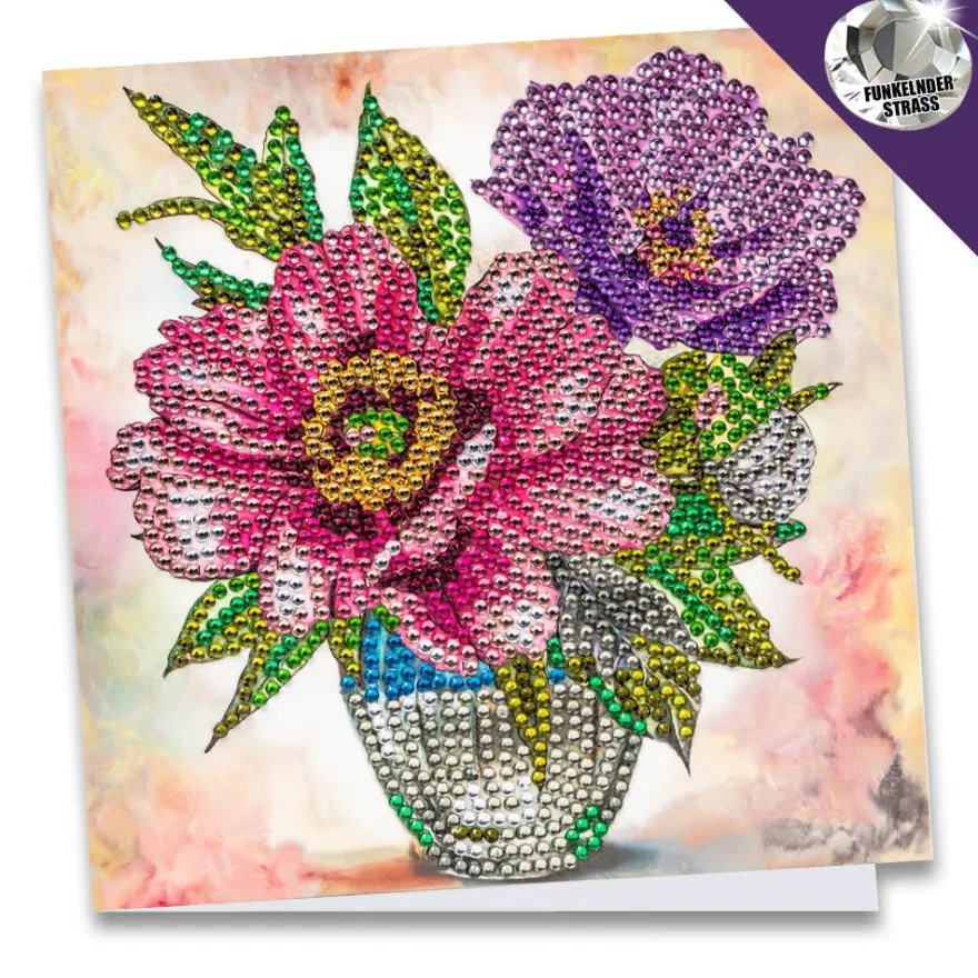 Diamond-Painting-Grußkarte, Strass, Anemonen in Vase, 16cm x 16cm, inkl. Zubehör