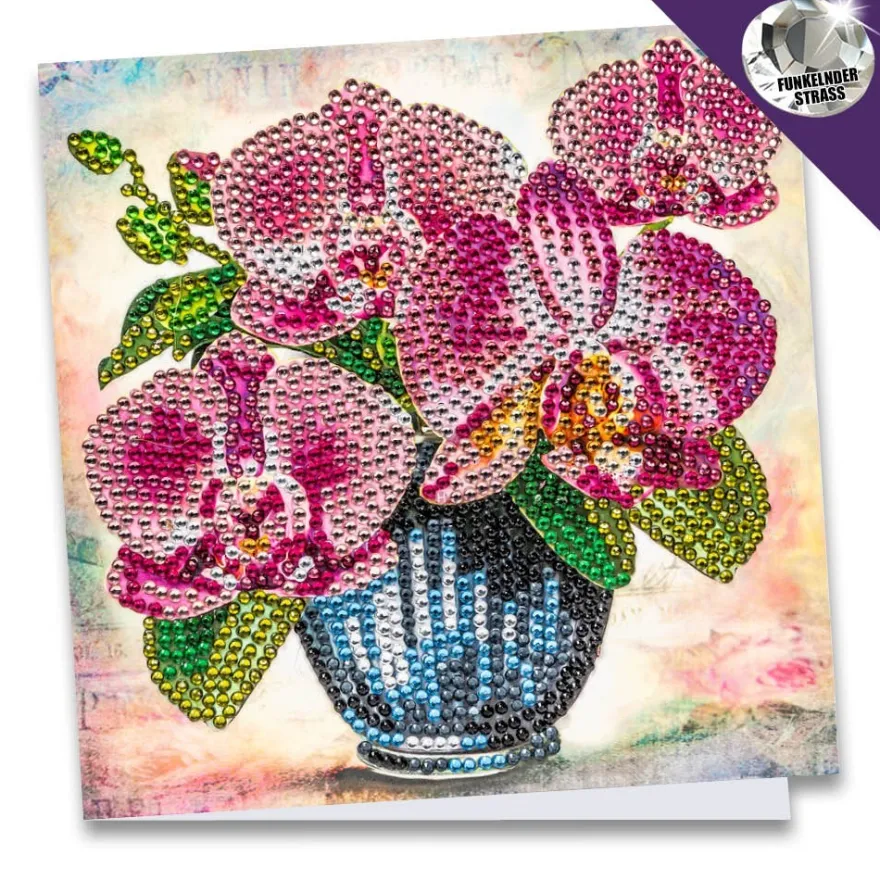Diamond-Painting-Grußkarte, Strass, Orchideen in Vase, 16cm x 16cm, inkl. Zubehör