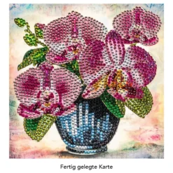 Diamond-Painting-Grußkarte, Strass, Orchideen in Vase, 16cm x 16cm, inkl. Zubehör