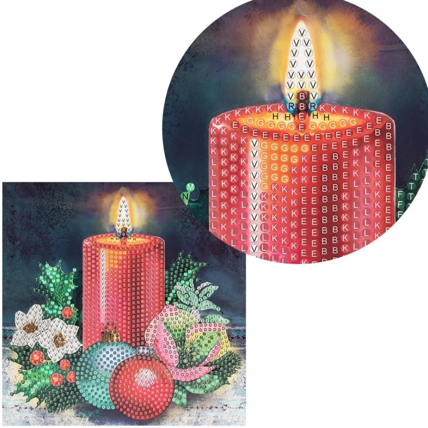 Diamond-Painting-Grußkarte, Strass, Kerze & Weihnachtskugeln 3, 16cm x 16cm, inkl. Zubehör