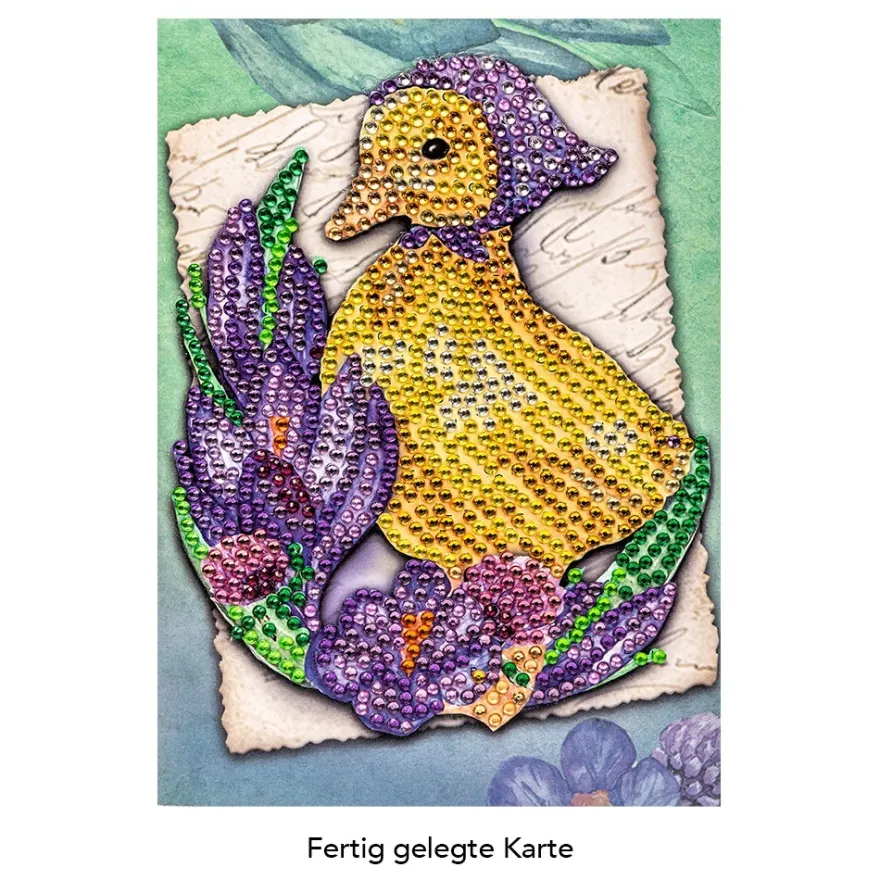 Diamond-Painting-Grußkarte, Strass, Entenküken mit Krokussen, 11,5cm x 16,5cm, inkl. Zubehör