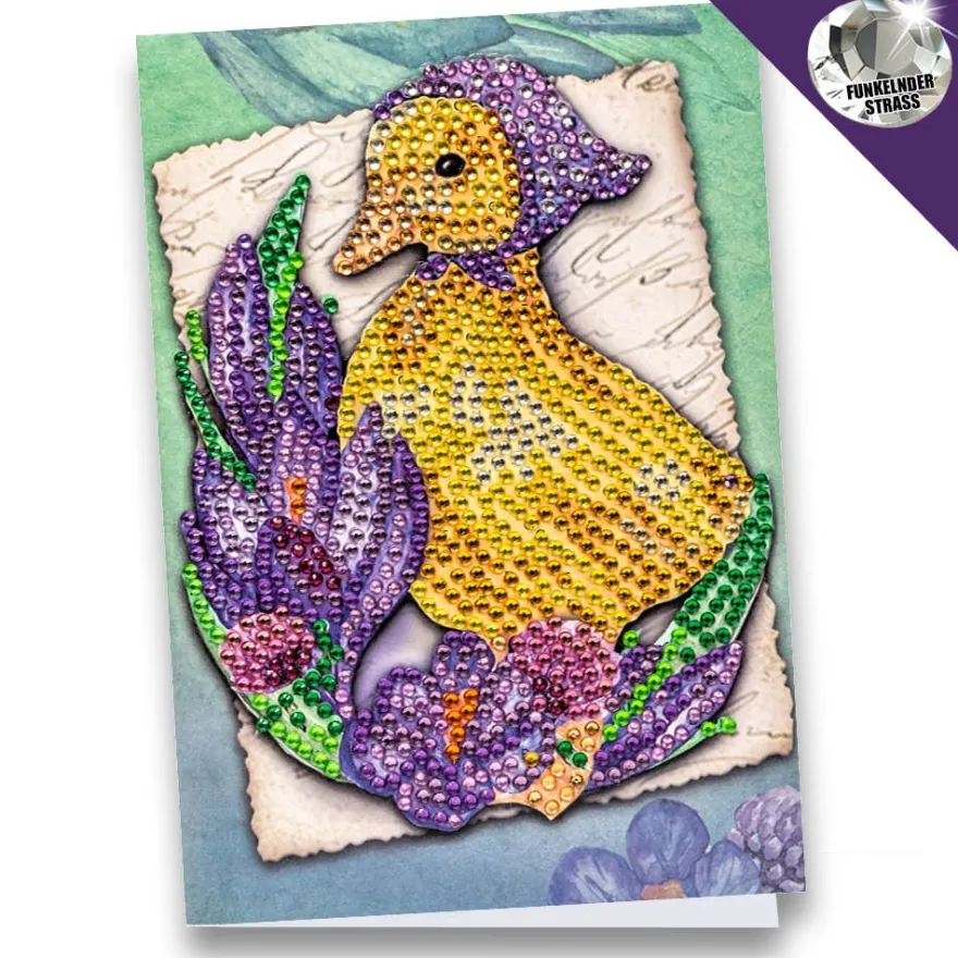 Diamond-Painting-Grußkarte, Strass, Entenküken mit Krokussen, 11,5cm x 16,5cm, inkl. Zubehör