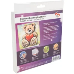 Diamond-Painting-Grußkarte, Teddybär mit Herz, 16cm x 16cm, inkl. Zubehör