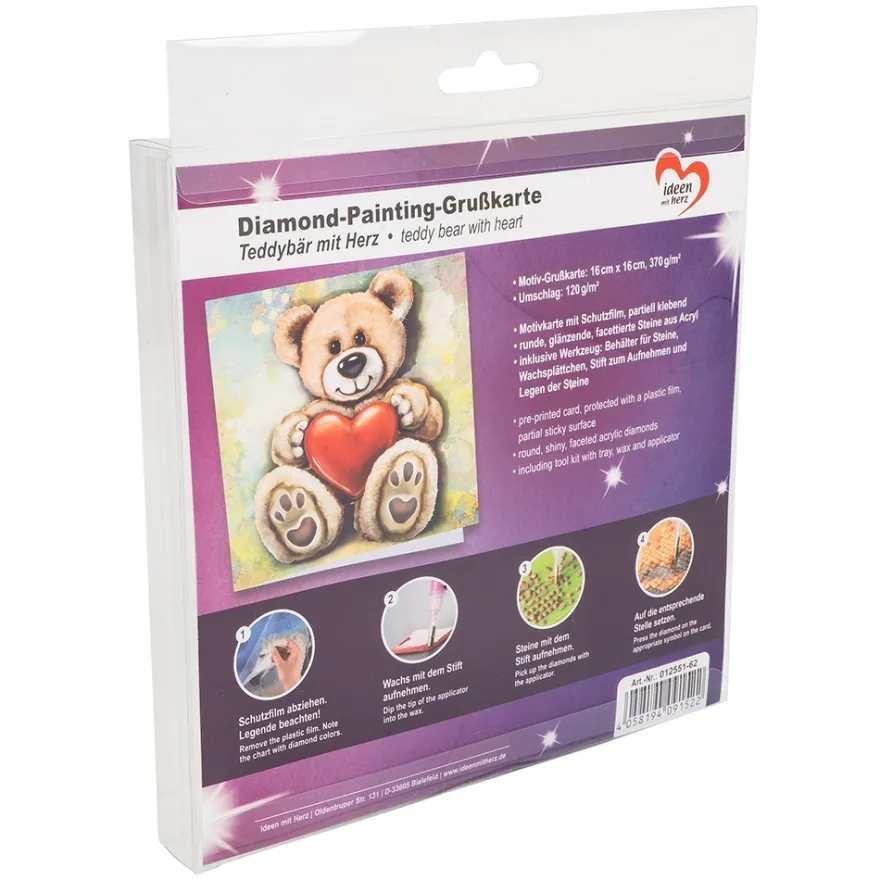 Diamond-Painting-Grußkarte, Teddybär mit Herz, 16cm x 16cm, inkl. Zubehör