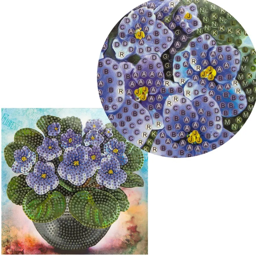 Diamond-Painting-Grußkarte, Veilchen in Vase, 16cm x 16cm, inkl. Zubehör