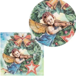 Diamond-Painting-Grußkarte, Weihnachtskranz mit Engel, 16cm x 16cm, inkl. Zubehör