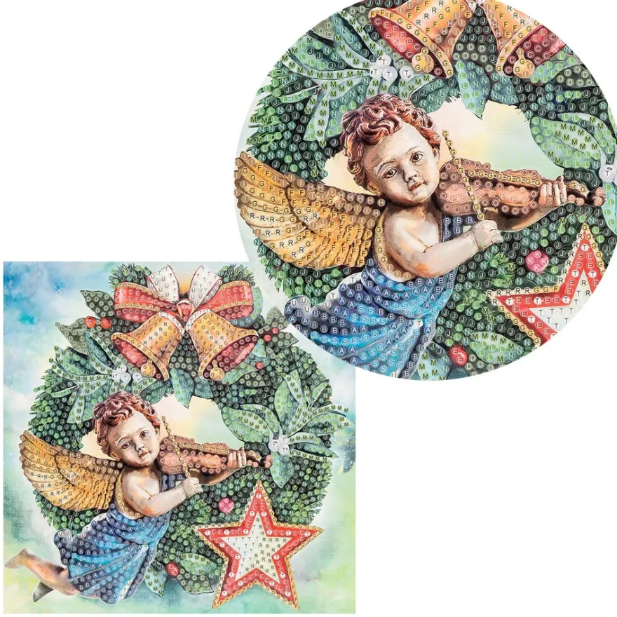Diamond-Painting-Grußkarte, Weihnachtskranz mit Engel, 16cm x 16cm, inkl. Zubehör