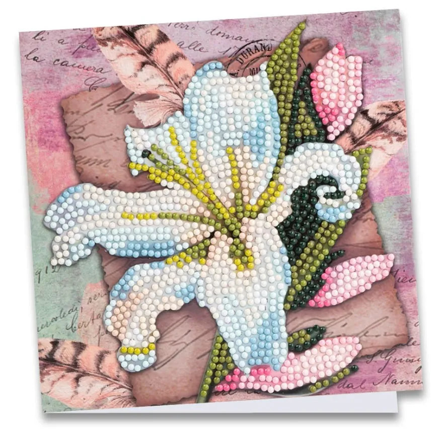 Diamond-Painting-Grußkarte, Weiße Lilie und Federn, 16cm x 16cm, inkl. Zubehör