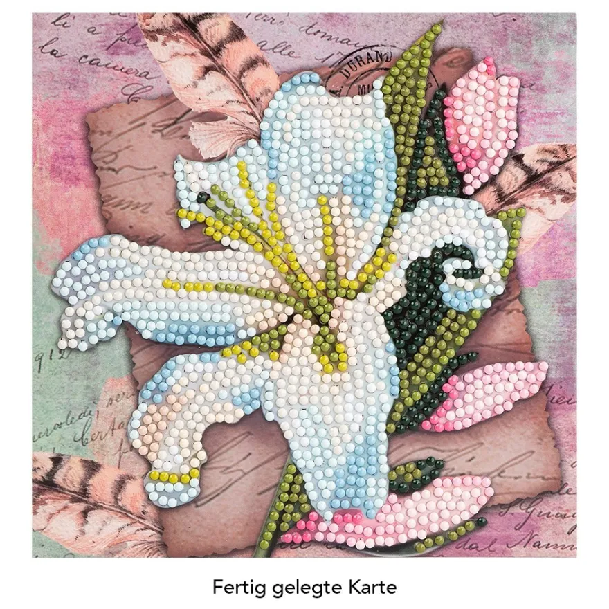 Diamond-Painting-Grußkarte, Weiße Lilie und Federn, 16cm x 16cm, inkl. Zubehör