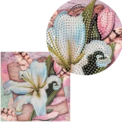Diamond-Painting-Grußkarte, Weiße Lilie und Federn, 16cm x 16cm, inkl. Zubehör