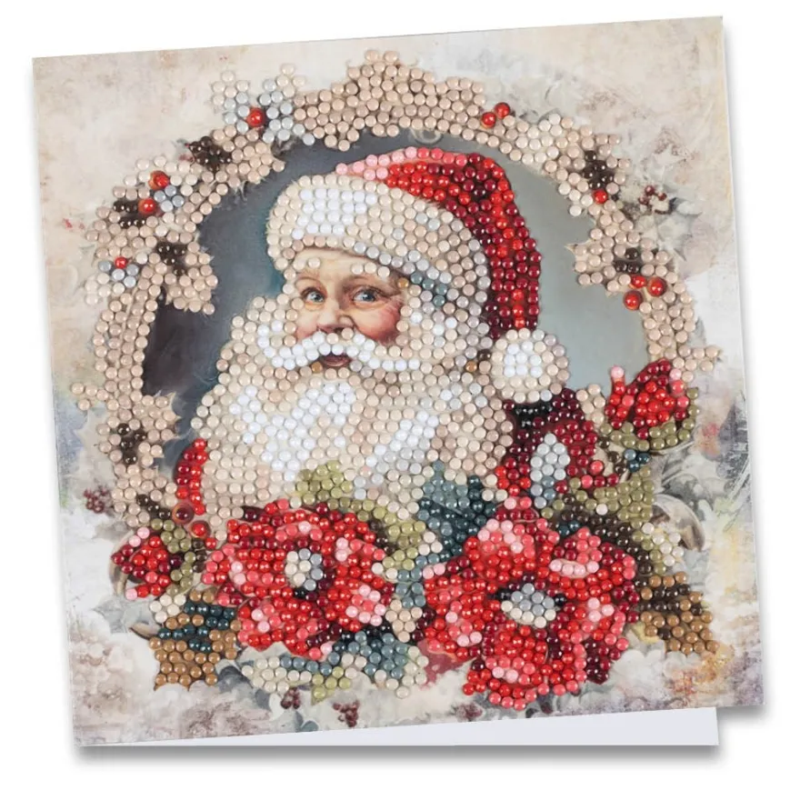 Diamond-Painting-Grußkarte, Weihnachtsmann im Blütenkranz, 16cm x 16cm, inkl. Zubehör