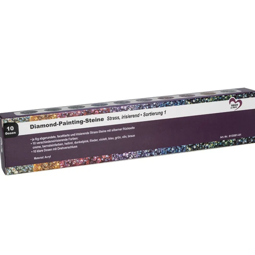 Diamond-Painting-Steine, Strass, irisierend, Sortierung 1, versch. Farben, je 8g, 10 Dosen