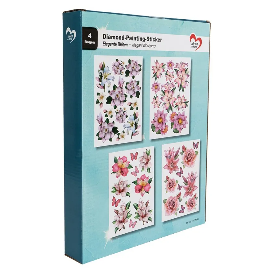 Diamond-Painting-Sticker, Elegante Blüten, DIN A4, 4 Bogen
